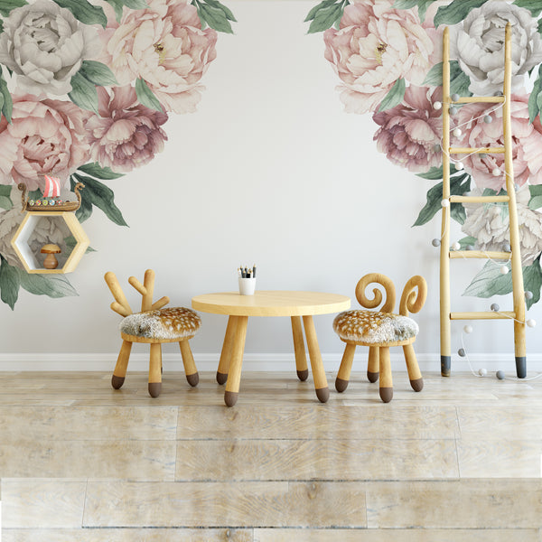 Pink & White PEONY CORNERS Watercolor Flowers Wall Decals