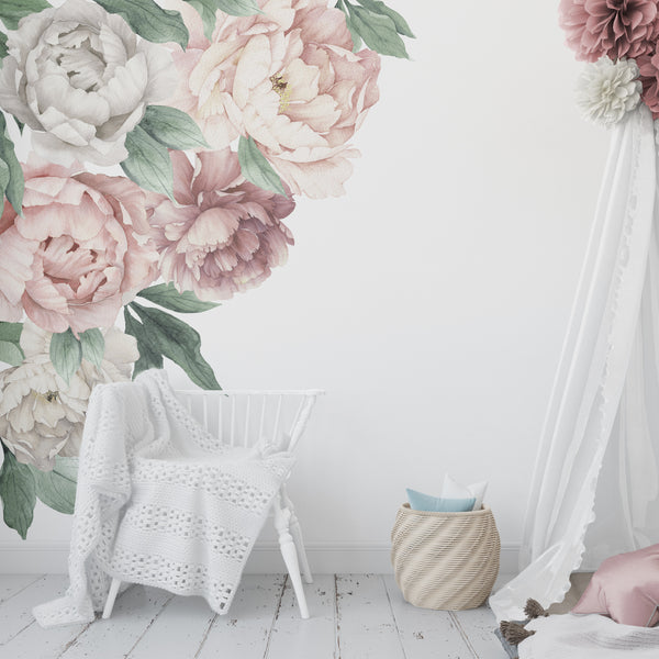 Pink & White PEONY CORNERS Watercolor Flowers Wall Decals