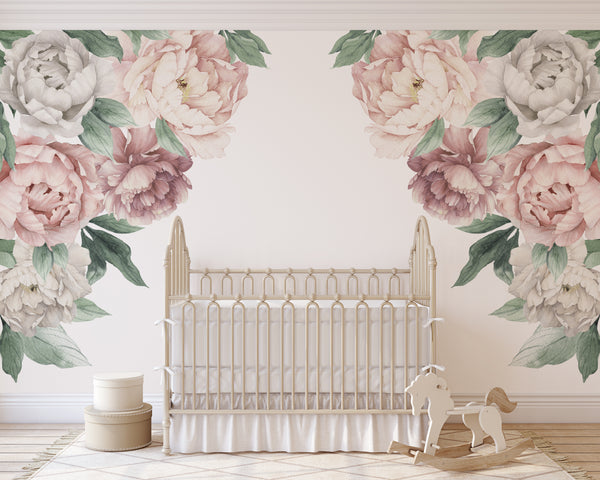 Pink & White PEONY CORNERS Watercolor Flowers Wall Decals