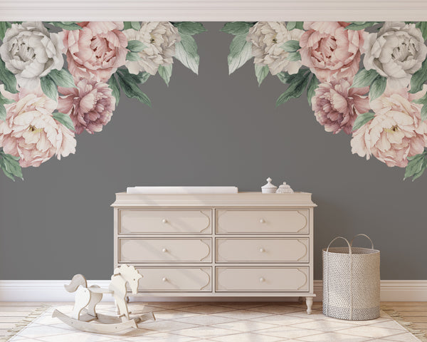 Pink & White PEONY CORNERS Watercolor Flowers Wall Decals
