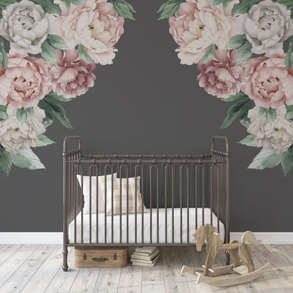 Pink & White PEONY CORNERS Watercolor Flowers Wall Decals