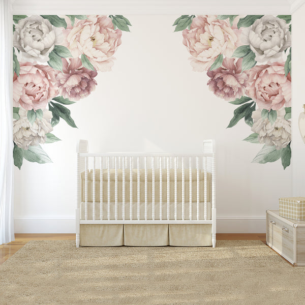 Pink & White PEONY CORNERS Watercolor Flowers Wall Decals