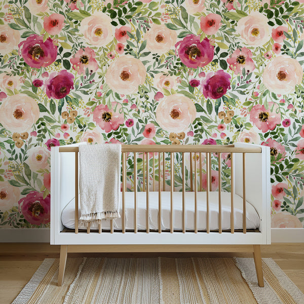 Jessica farmhouse floral wallpaper nursery preview at 52-inch pattern scale