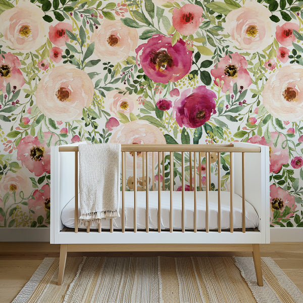 Jessica pink watercolor floral wallpaper in a nursery at 78-inch pattern scale