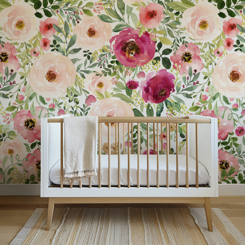 Jessica pink watercolor floral wallpaper in a nursery at 78-inch pattern scale