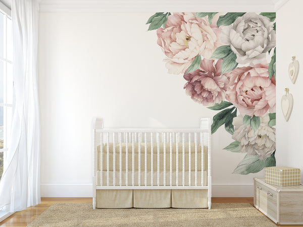 Pink & White PEONY CORNERS Watercolor Flowers Wall Decals