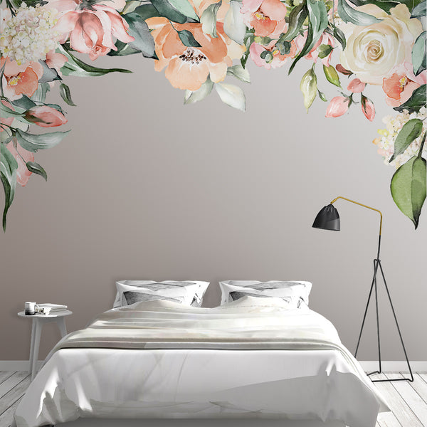Pink and white Ashley rose garden canopy wall decal decorating a light gray bedroom wall above a white bed