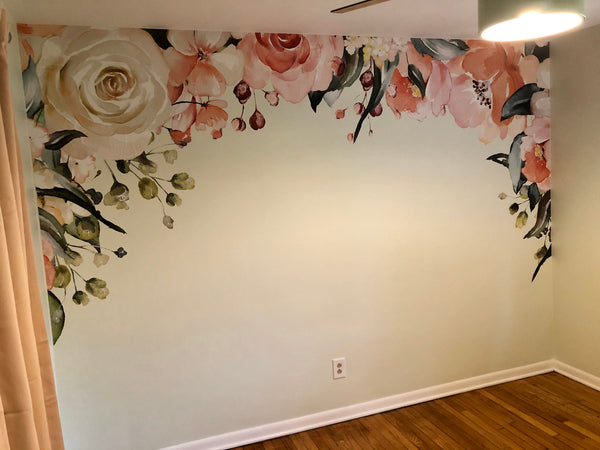Charlotte pink and cream floral canopy wall decal framing an empty room wall