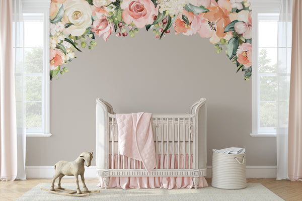 pink-nursery.jpgEmma watercolor rose canopy wall decal on a soft pink nursery wall above a white crib
