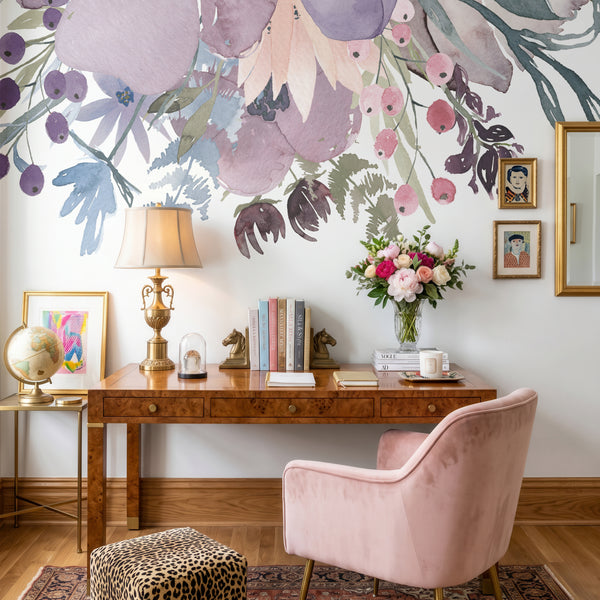 Watercolor floral wall decals above a desk and pink chair