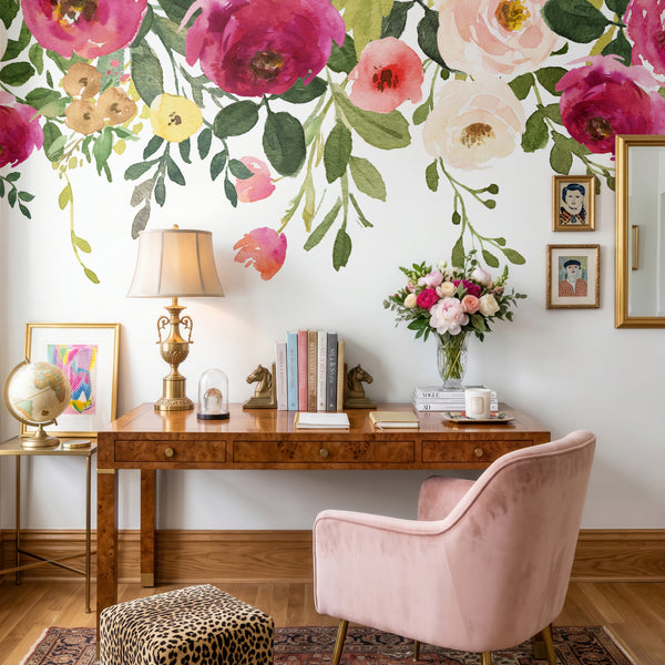 Trailing pink floral wall decal above a desk and pink chair