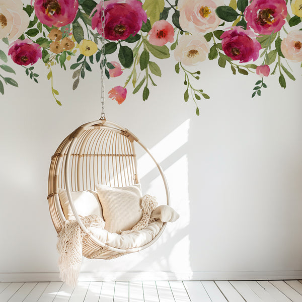 Trailing watercolor flowers above a hanging chair in a bright room