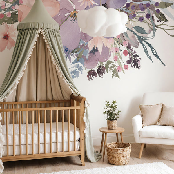 Wild Spring Garden flowers above a crib with a fabric nursery canopy