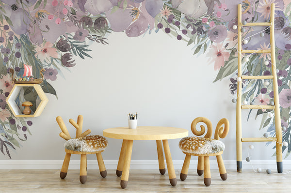 Spring Wild Garden floral canopy wall decal framing a play area with a children’s table and ladder
