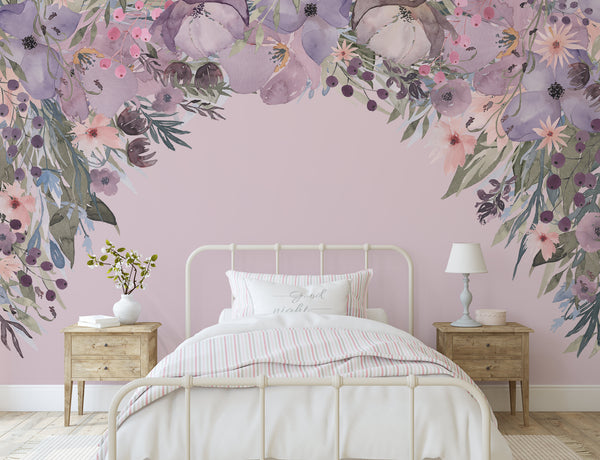 Spring Wild Garden flower canopy wall decal above a white bed in a soft pink bedroom
