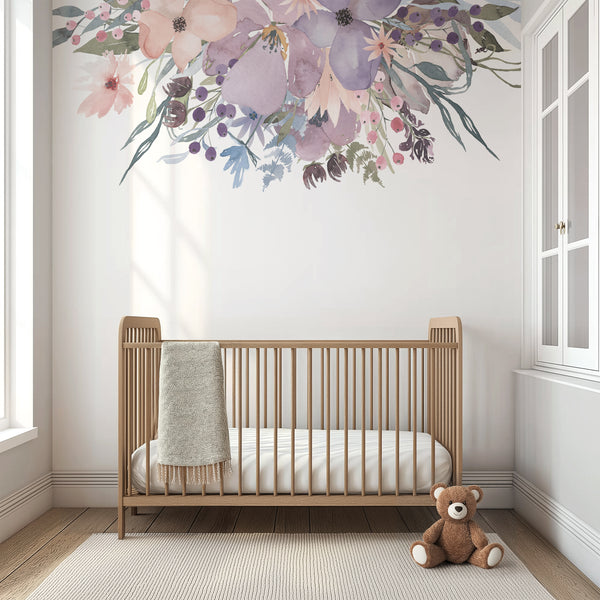 Wild Spring Garden flower decals above a white crib in a bright nursery