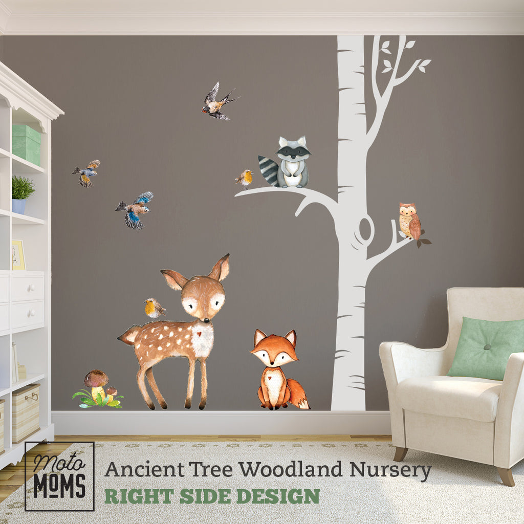 Woodland Nursery Wall Decor Ancient Tree Fox Owl Deer Birds Wall Decal –  MotoMoms Decor