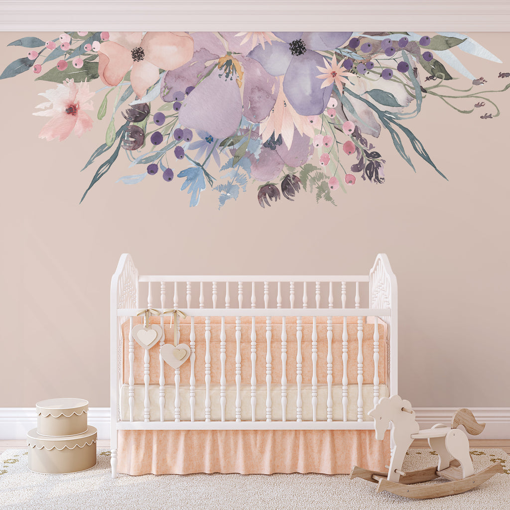 lavender flower wall decals WILD SPRING GARDEN Border Pink Lavender Watercolor Flowers Wall Decal