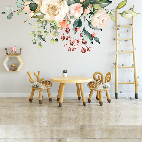 GAIA watercolor flowers above a children’s table and chairs