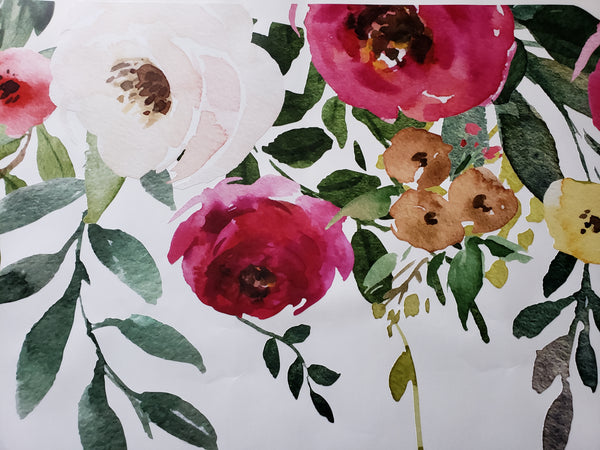 Dark pink, ivory and coral blooms with leaves in the floral border design