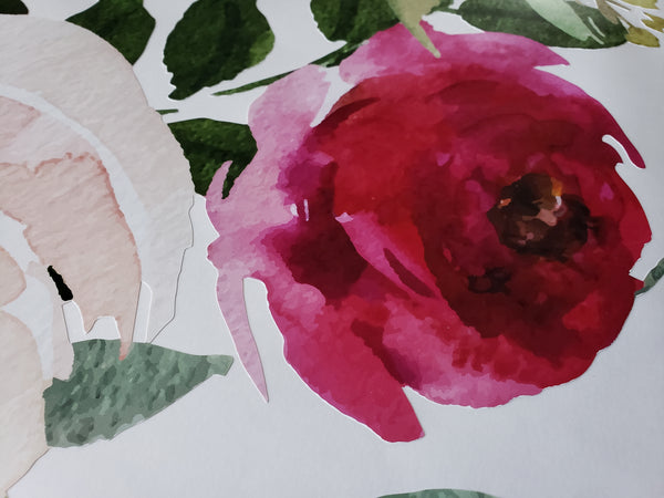 Close view of pink and cream watercolor flowers in Jessica’s Farmhouse design