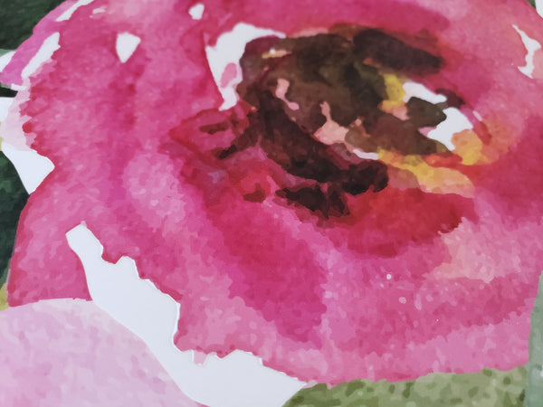 Close-up of a vivid pink watercolor flower in the floral border decal