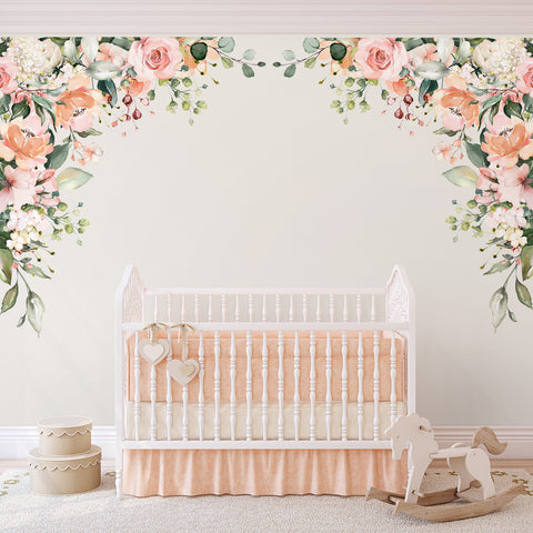 Mirrored Quinn’s Rose Garden floral corner decals framing a white nursery crib