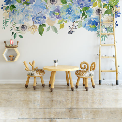 Serenity Creek blue watercolor floral border above a children’s table and chairs