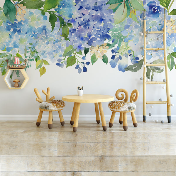 Serenity Lake blue floral border above a children’s play table and chairs